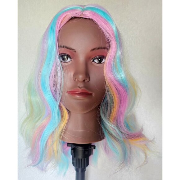 Pastel Rainbow Wavy Synthetic Wig Colorful Blue Pink Fairy Mermaid Costume NEW - Picture 1 of 6